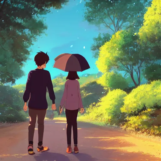 Prompt: a girl age 1 7 wearing a teal sweater and boy with a age 1 7 wearing an teal sweater, walking together under a single orange umbrella through a valley with a mystical atmosphere, looking at each other and blushing, as a medium shot, rule of thirds composition, 8 k detailed, by makoto shinkai, as an anime,