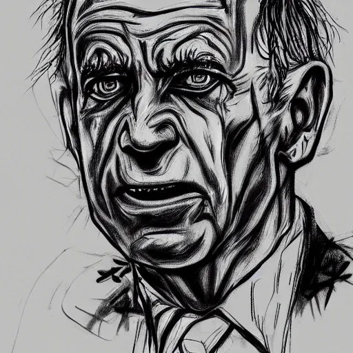 Image similar to grunge, aggressive sketch, messy lines, dark strokes, drawing of demonic joe biden as a caricature in the style of Jacob Shaw,creepy, surreal, trending on artstation