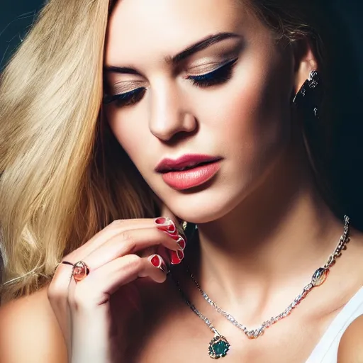 Prompt: glamorous beautiful woman, modeling jewelry, luxury, dslr, close up