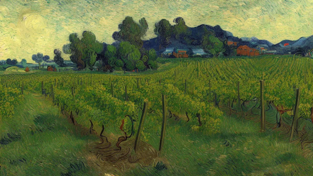 Image similar to trending on artstation, an idyllic vineyard, oil on canvas, matte painting, in the style of Vincent van Gogh