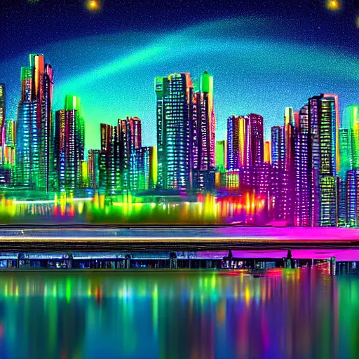 Image similar to modern city, night time, neon colours, water front apart of city, stars and comet in sky, high def, 8 k, hd, high definition building, made with spray paint,