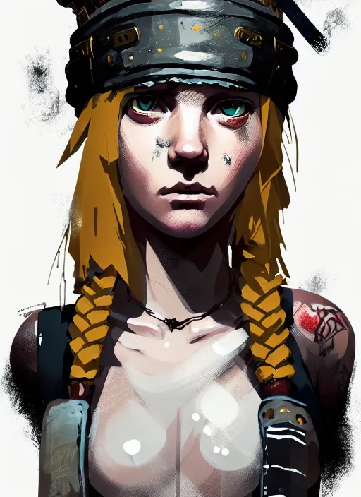 Prompt: highly detailed closeup portrait of a sewer punk swedish female barbarian student, tartan garment, blonde hair with headband by atey ghailan, by greg rutkowski, by greg tocchini, by james gilleard, by joe fenton, by kaethe butcher, gradient sapphire, black, brown and white color scheme, grunge aesthetic!!! white graffiti tag wall background