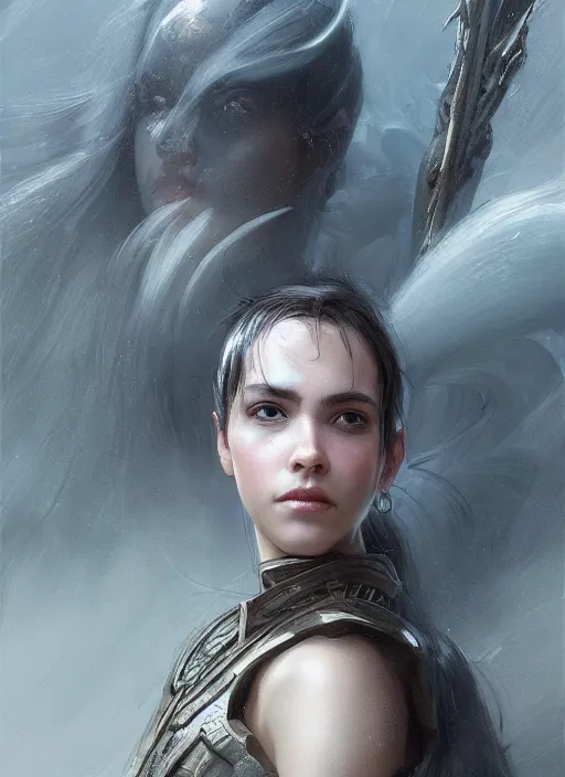 Image similar to a professional portrait of a beautiful young female, clothed in ethereal battle armor, olive skin, long dark hair, beautiful bone structure, symmetrical facial features, intricate, elegant, digital painting, concept art, smooth, sharp focus, finely detailed, illustration, from Valerian and the City of a Thousand Planets, in the style of Ruan Jia and Mandy Jurgens and Artgerm and Greg Rutkowski and William-Adolphe Bouguerea