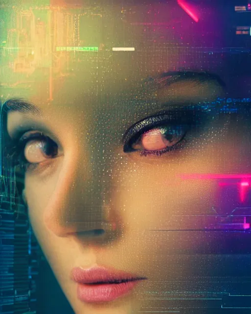 Prompt: A broken monitor with the calm face of an AI woman on it.. Very very very strong glitches on the monitor. The face is blurry with glitches. Scanlines and jitter effects. Extremely high detail, glitchcore, glitches, glitch, cyberpunk, 8k render