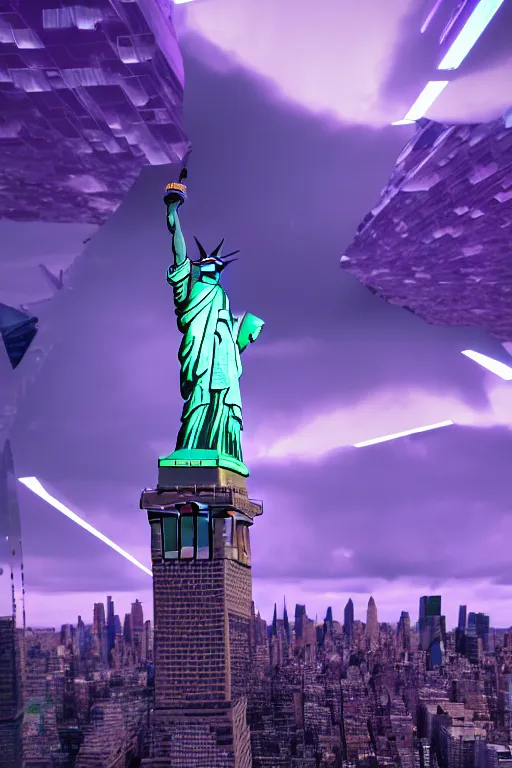 Prompt: of a futuristic photo - realistic new york city with mirrored windows in a shiny crystalline cave : 4, the statue of liberty : 2, highly symmetrical, balanced, purple lightening : 3, octane render, clouds : 2, violet sun : 4, in the style of sahm : 3, hd, ultra - realistic, in unreal engine