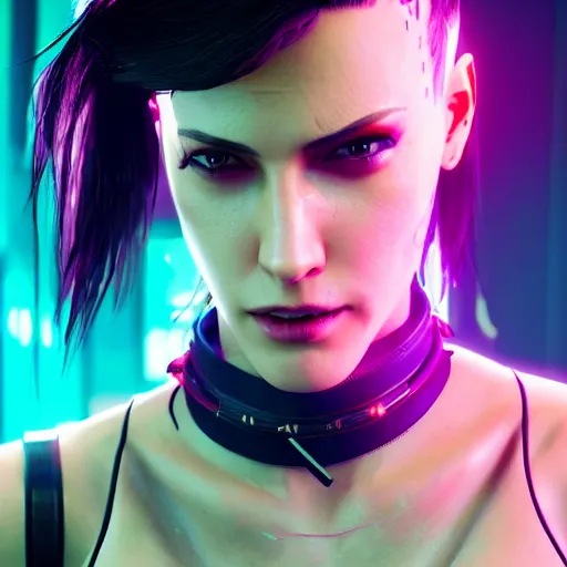 Image similar to female V from Cyberpunk 2077 wearing spiked black collar around neck, realistic, art, beautiful, 4K, HD, collar, choker, collar, choker,