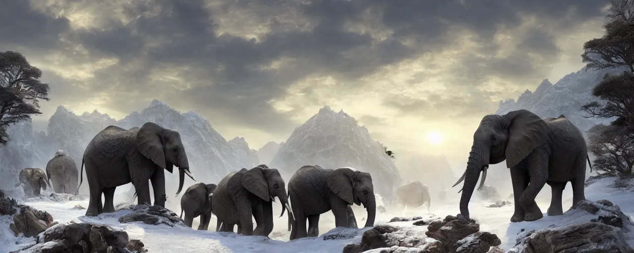 Prompt: African elephants wearing battle armor marching in snow mountain landscape, beautiful dynamic lighting, cinematic, wide angle establishing shot, extremely high detail, photo realistic, cinematic lighting, post processed, concept art, artstation, matte painting, style by frederic church, raphael lacoste, unreal engine 8k