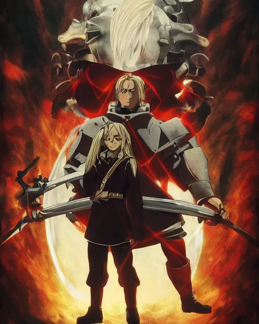 Prompt: Movie poster of The Full Metal Alchemist, Highly Detailed, A master piece of storytelling, wide angle, cinematic shot, Battle, highly detailed, cinematic lighting, by frank frazetta + ilya repin , 8k, hd, high resolution print