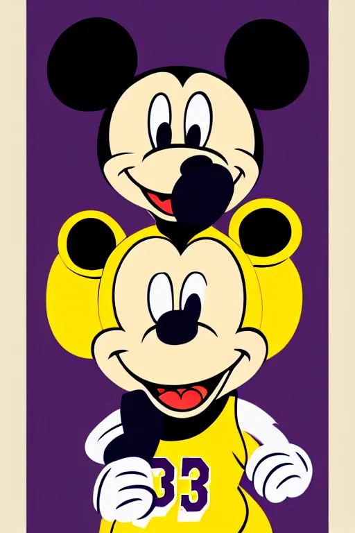Prompt: los angeles laker lebron james portrays mickey mouse as disney's mascot, 8 0's movie poster, theatrical poster, vibrant fan art, digital art, trending on artstation, minimalist