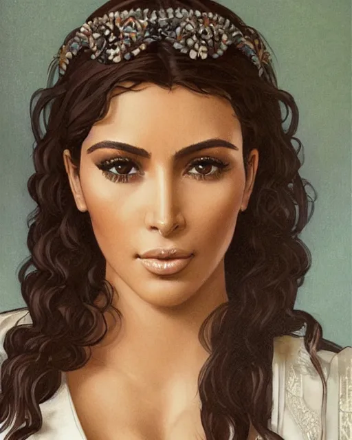 Image similar to a highly realistic, true to life portrait of kim kardashian as a beautiful young middle eastern girl, sharp focus, from the waist up, with sharp features, a beautiful face, soft smile, under studio lighting, taken with a canon eos camera with 1 3 5 mm focal length, art by artgerm and greg rutkowski and alphonse mucha