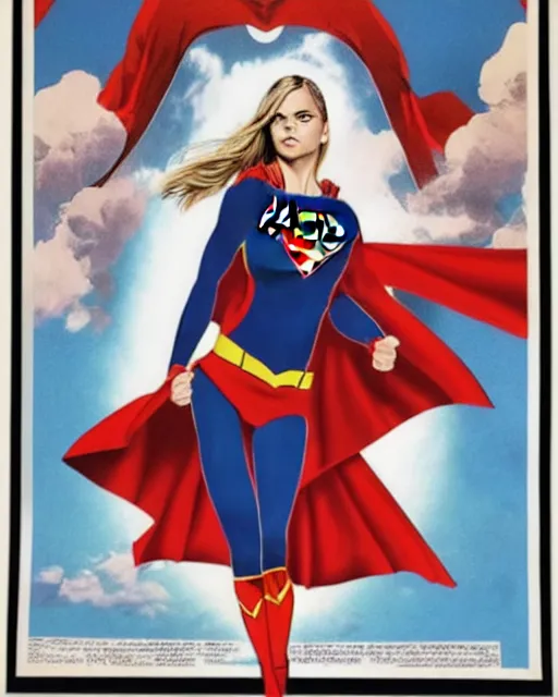 Image similar to high quality presentation digital print of a cara delevigne as supergirl, soviet poster art style black red white, head and shoulders