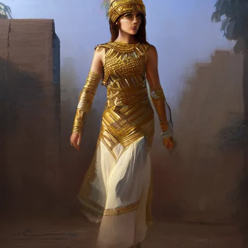 Image similar to A well dressed sumerian woman in a major Mesopotamian city, highly detailed, digital painting, artstation, concept art, sharp focus, illustration, cinematic lighting, art by artgerm and greg rutkowski and alphonse mucha