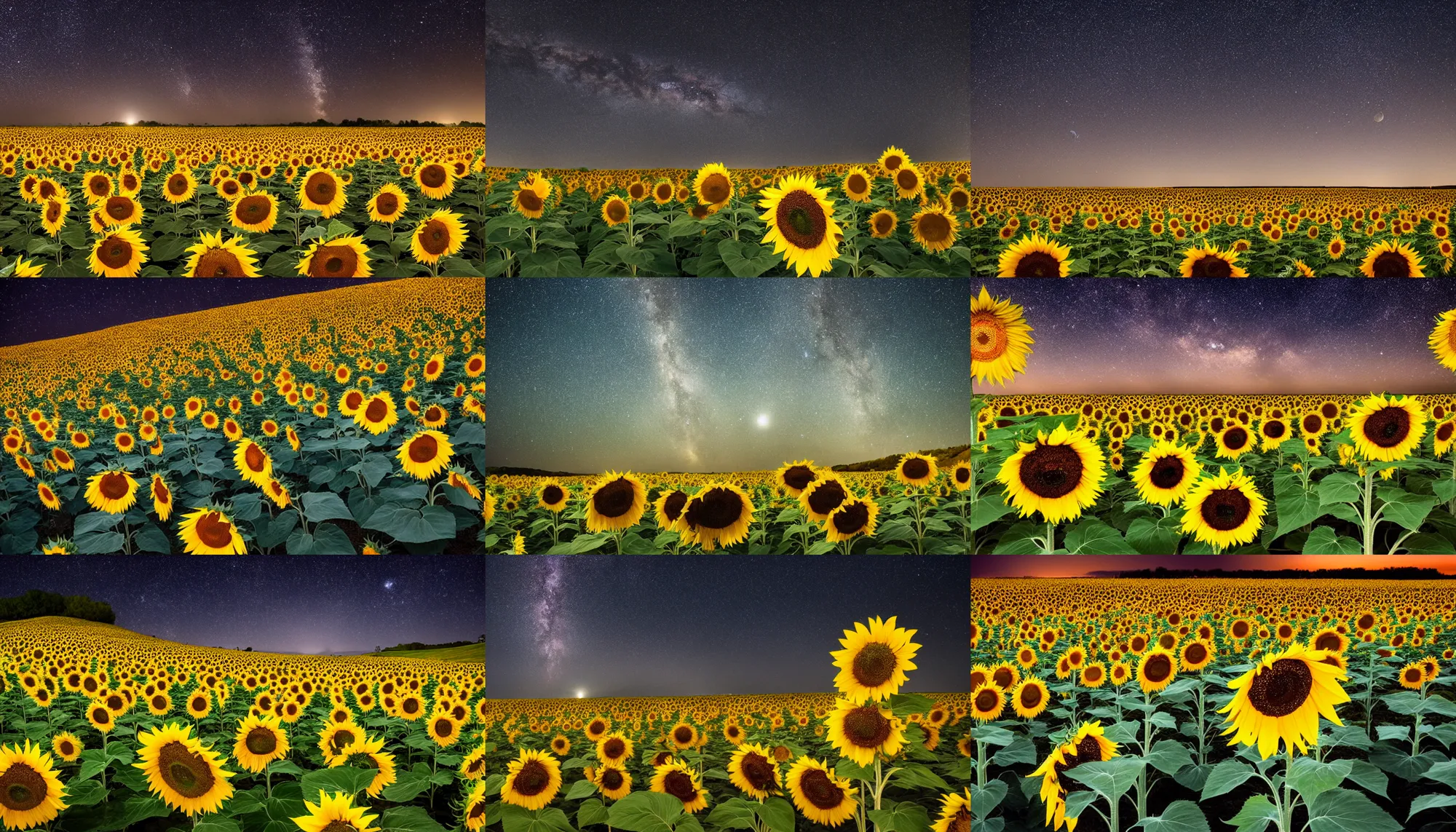 Prompt: sunflowers at night milkyway in the background