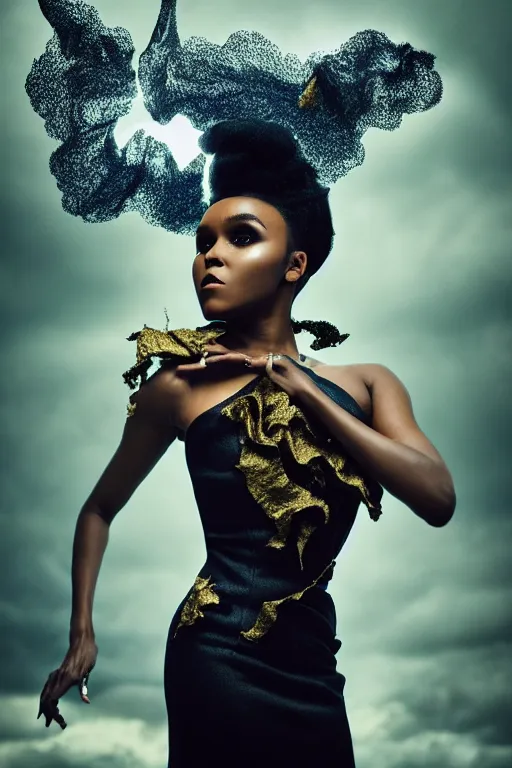 Prompt: photoshoot of janelle monae as mysterious dark goddess of death, realism, clouds, swirling energy, torn fabric, elaborate ornate growth, gilded relief, volumetric lighting, light shafts, ambient light, trending on artstation, by alessio albi