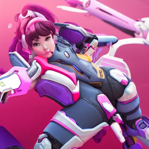 Image similar to D.Va from Overwatch taking a nap on top of her Meka