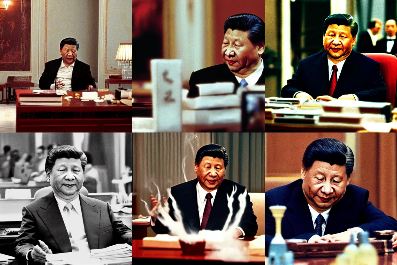 Prompt: xi jinping sitting behind a desk with a big pile of white powder in front of him, in the movie scarface 1 9 8 3