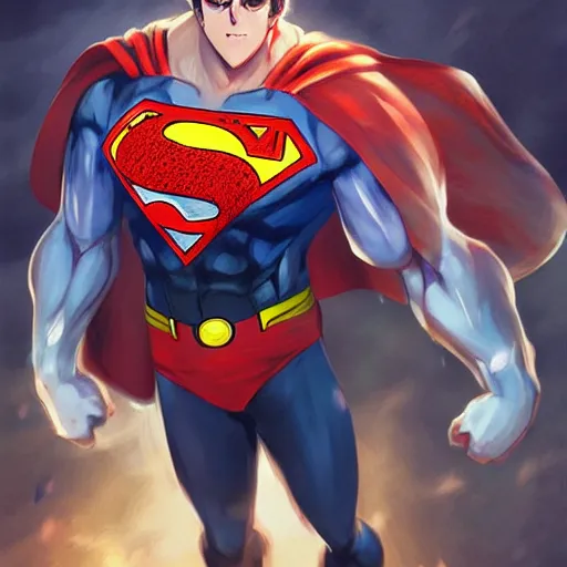 Image similar to A realistic anime superman, digital painting, by WLOP and Rossdraws, digital painting, trending on ArtStation, deviantart