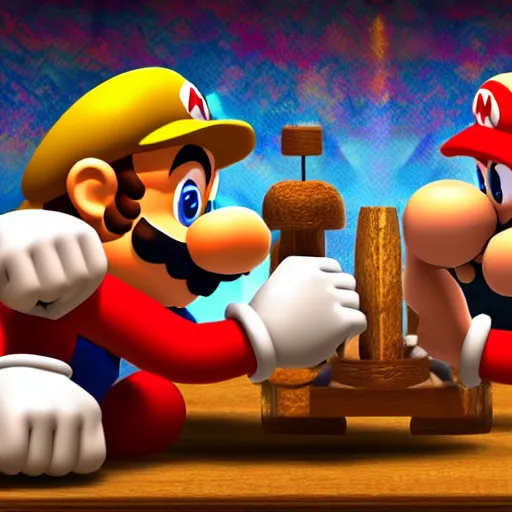 Image similar to photo of mario and donkey kong arm wrestling, nintendo, high detail,