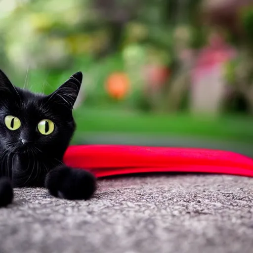 Image similar to black cat, in a red bag, playful, realistic, cute, photo quality, well lit