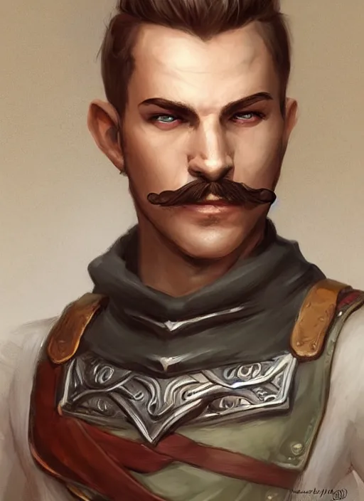 Prompt: young man with short white hair and moustache, dndbeyond, bright, colourful, realistic, dnd character portrait, full body, pathfinder, pinterest, art by ralph horsley, dnd, rpg, lotr game design fanart by concept art, behance hd, artstation, deviantart, hdr render in unreal engine 5