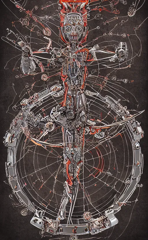 Image similar to anatomy of the vitruvian terminator, robot, cyborg, t 1 0 0, bloodborne diagrams, mystical, intricate ornamental tower floral flourishes, rule of thirds, technology meets fantasy, map, infographic, concept art, art station, style of wes anderson
