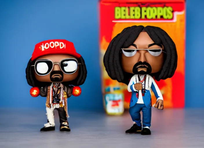 Prompt: product still of Snoop Dogg funko pop with box, 85mm f1.8