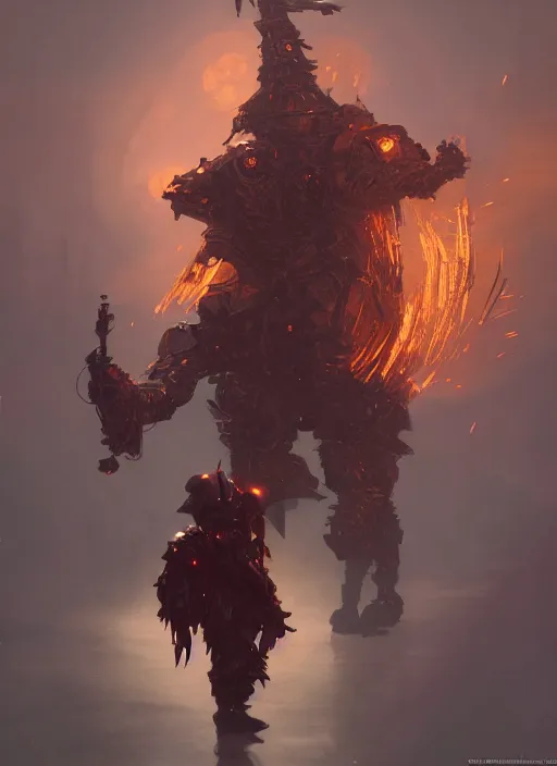 Image similar to a photorealistic dramatic hyperrealistic render of an armored fire golem by wlop, greg rutkowski, alphonse mucha, beautiful dynamic dramatic dark moody lighting, shadows, cinematic atmosphere, artstation, concept design art, octane render, 8 k