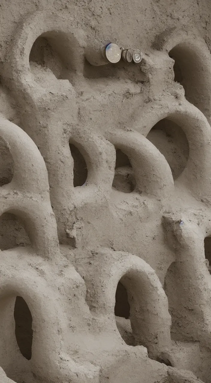 Image similar to a river entering a machine made from clay amphoras and producing a coin of water, architectural photograph , infrastructure, kidneys, aorta, white marble texture , 8k