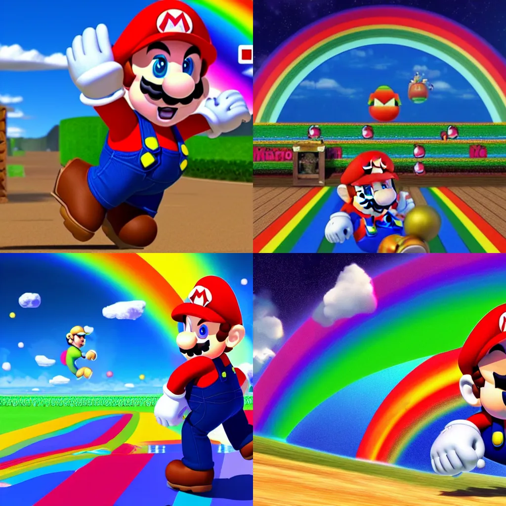 Prompt: mario wearing rainbow clothes, ultrarealistic, epic scene, full body, blue sky, withe floor, giant black moon