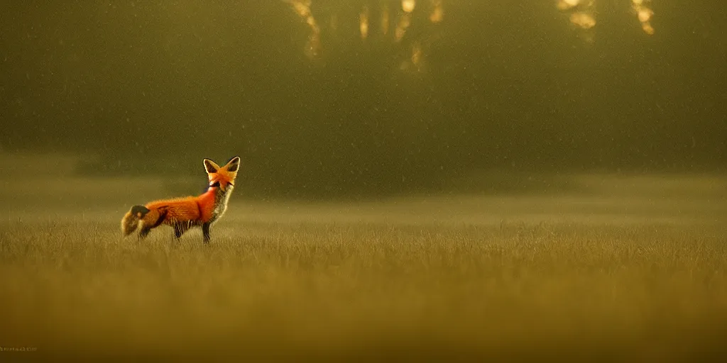 Image similar to Lone fox sitting near idyllic pond, meadow, blanket of fog, rain, volumetric lighting, beautiful, golden hour, sharp focus, ultra detailed, cgsociety