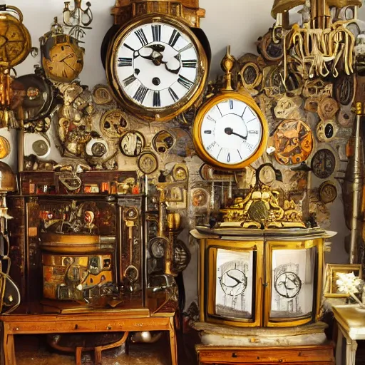 Prompt: a hyper realistic room made entirely out of antique clocks