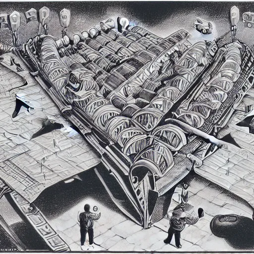 Prompt: Original M.C. Escher lithograph of the immorality of war, accurate details, hyperrealistic, extremely detailed, in the style of Lisa Frank