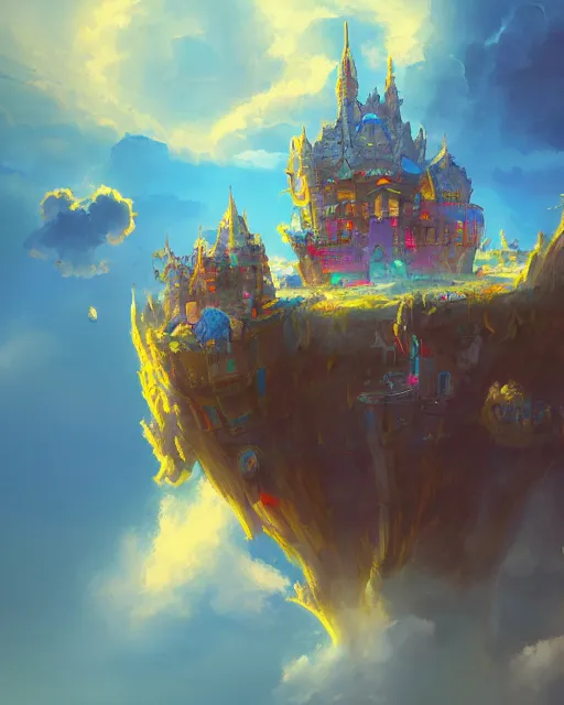 Prompt: flying cloud castle, bubble buildings, illustration, bright, blue sky, mountains, colorful, cinematic lighting, fantasy, high detail, masterpiece, artstation, 4 k, art by wylie beckert