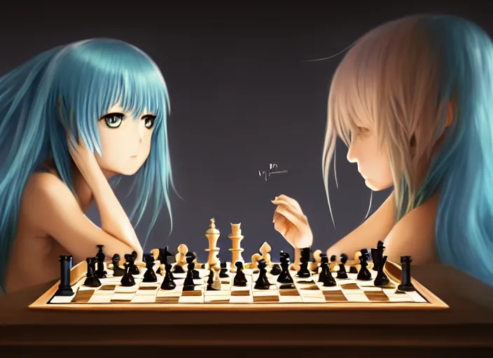 Image similar to rimuru playing chess, with gold eyes, straight hair, sky blue hair, long bangs, high collar, concept art, award winning photography, digital painting, cinematic, by wlop, anime key visual, wlop, 8 k, by ross tran, tom bagshaw, andy warhol