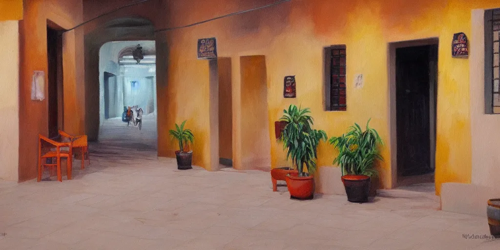 Prompt: hotel entrance in mexican town and street outside, empty, in the style of a high quality, atmospheric high, oil on canvas painting