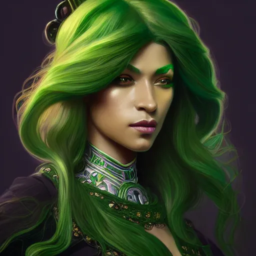 Image similar to black aristocrat, green black orange color palette, female, d & d, fantasy, intricate, elegant, highly detailed, long green hair, digital painting, artstation, octane render, concept art, matte, sharp focus, illustration, hearthstone, art by artgerm, alphonse mucha johannes voss