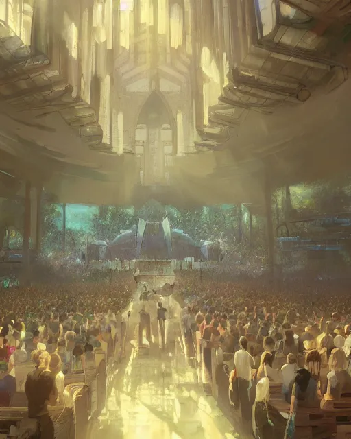 Image similar to craig mullins and ghibli digital matte art of a crowd in a futuristic church, priest, pews, ethereal, inviting, unreal engine, hyper realism, realistic shading, cinematic composition, realistic render, octane render, detailed textures, photorealistic, wide shot