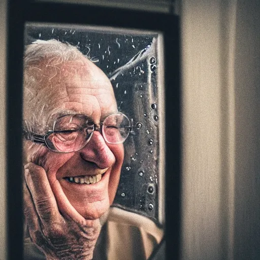 Prompt: a smiling old man seen through a small dirty window