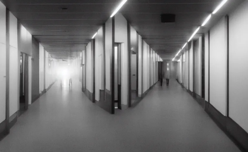 Image similar to spooky photo of an infinite hallway with open lit doorways all the way down, dramatic lighting, smoke, ceiling fluorescent lighting