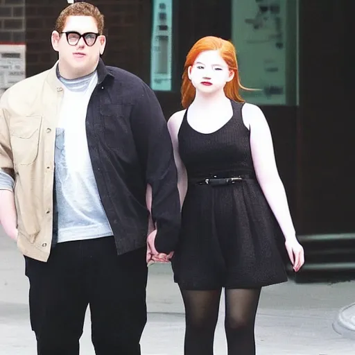 Image similar to Jonah Hill holding hands with Dahyun. Dahyun is so pretty. Jonah Hill is so handsome. They're So SO SO in love. They look cute together and really want to kiss. paparazzi photo.