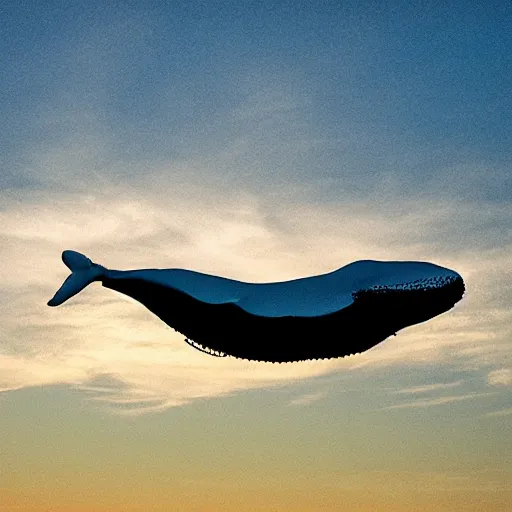 Image similar to a whale flying in the clouds at twilight