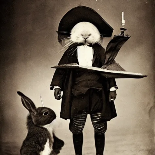 Prompt: a rabbit dressed as a pirate, victorian photograph