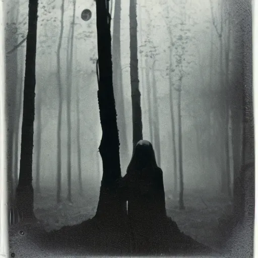 Prompt: an ancient evil-girl on a mysterious fractal forest, mist, 1910 polaroid photography, Black and white