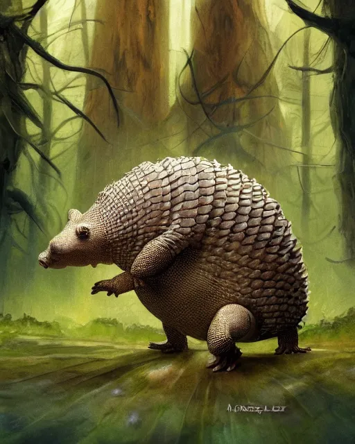 Prompt: Armadillo in armor, green, forest background, magic the gathering artwork, D&D, fantasy, cinematic lighting, centered, symmetrical, highly detailed, digital painting, artstation, concept art, smooth, sharp focus, illustration, volumetric lighting, epic Composition, 8k, art by Akihiko Yoshida and Greg Rutkowski and Craig Mullins, oil painting, cgsociety