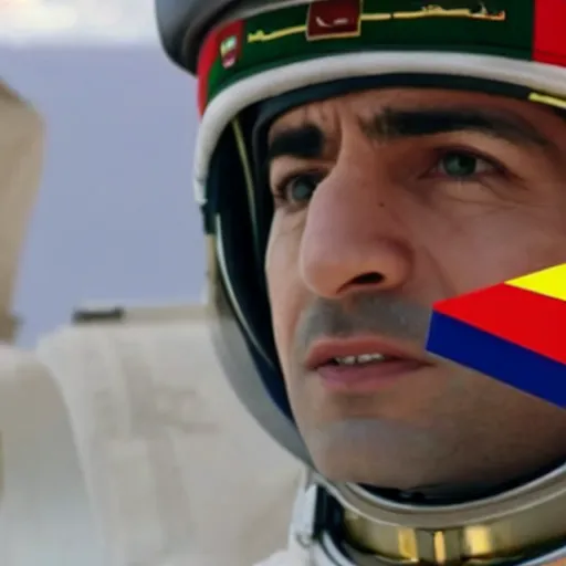 Image similar to close - up of a kurdish astronaut wearing a kurdistan flag badge in a movie directed by christopher nolan, movie still frame, promotional image, imax 7 0 mm footage