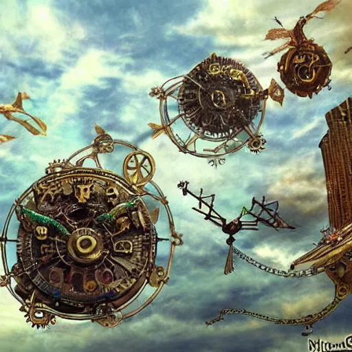 Image similar to flying! city in a mechanical flower, sky!, fantasy art, steampunk, masterpiece