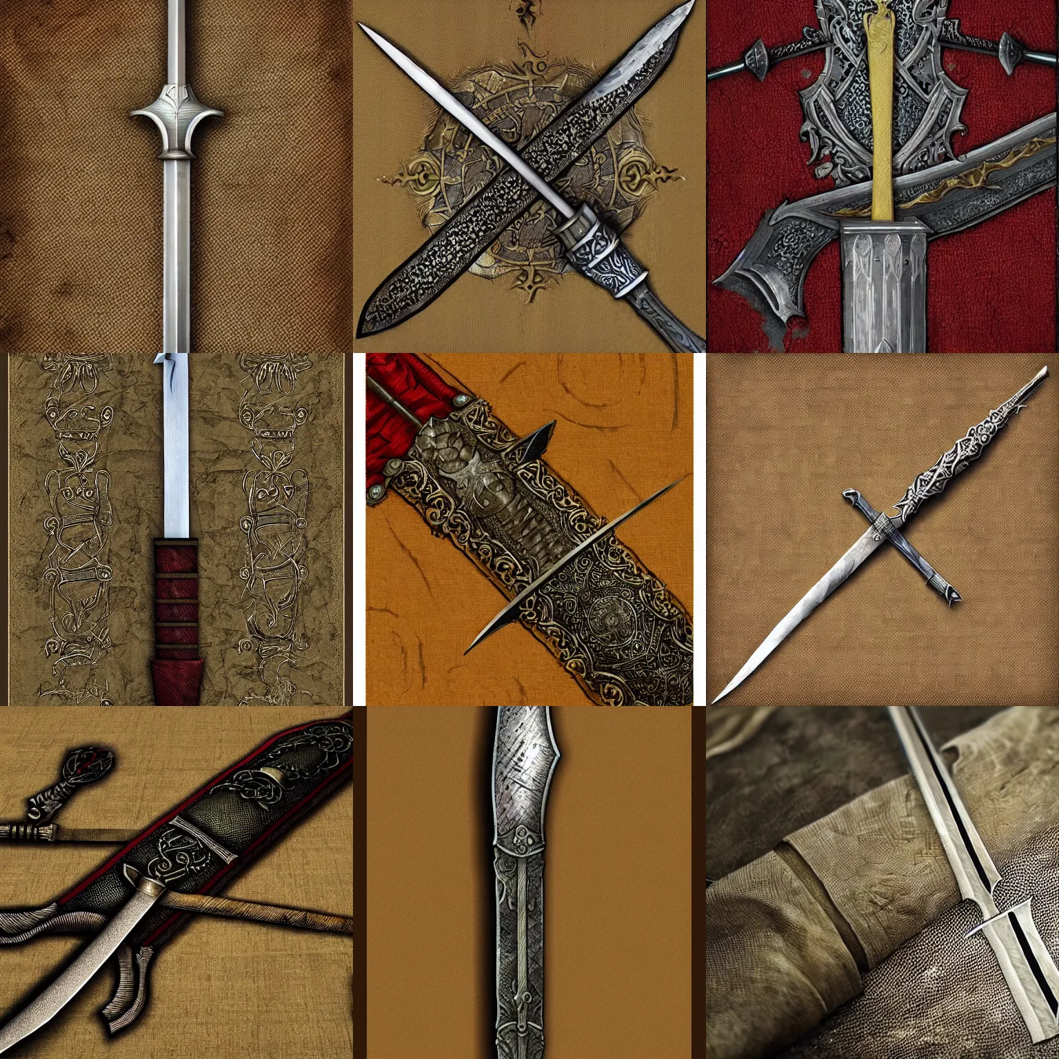 Prompt: medieval sword on cloth, highly detailed, artstation, concept art, sharp focus