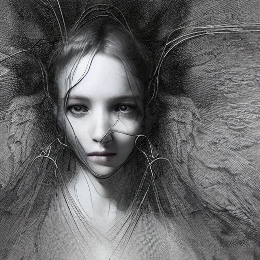 Prompt: masterpiece portrait of an angel, wires everywhere, dust, gustav dore, zdzislaw beksinksi, Ross Tran