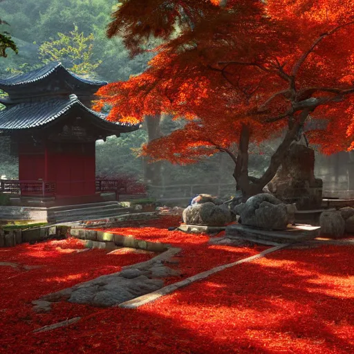 Prompt: cozy tang dynasty shrine in a maple forest during autum, red leaves, senpou temple from sekiro, award winning fantasy concept art, high octane render, 8k resolution, high definition