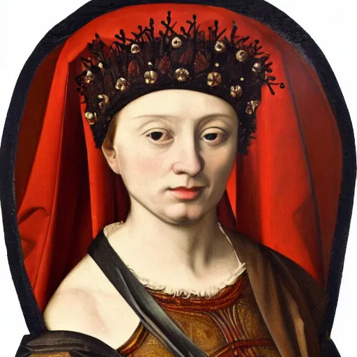 Image similar to a renaissance style portrait painting of an animal, wearing a crown and cape, dark background